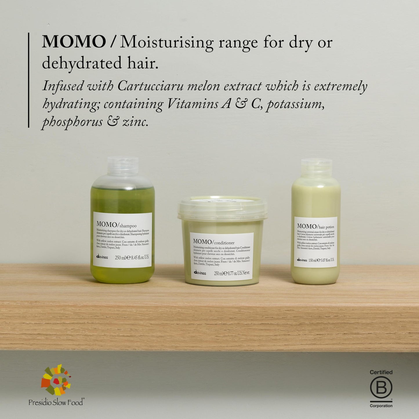 Davines MOMO Moisturizing Shampoo & Conditioner for Dry, Dehydrated Hair, Add Softness & Shine, Detangling Formula