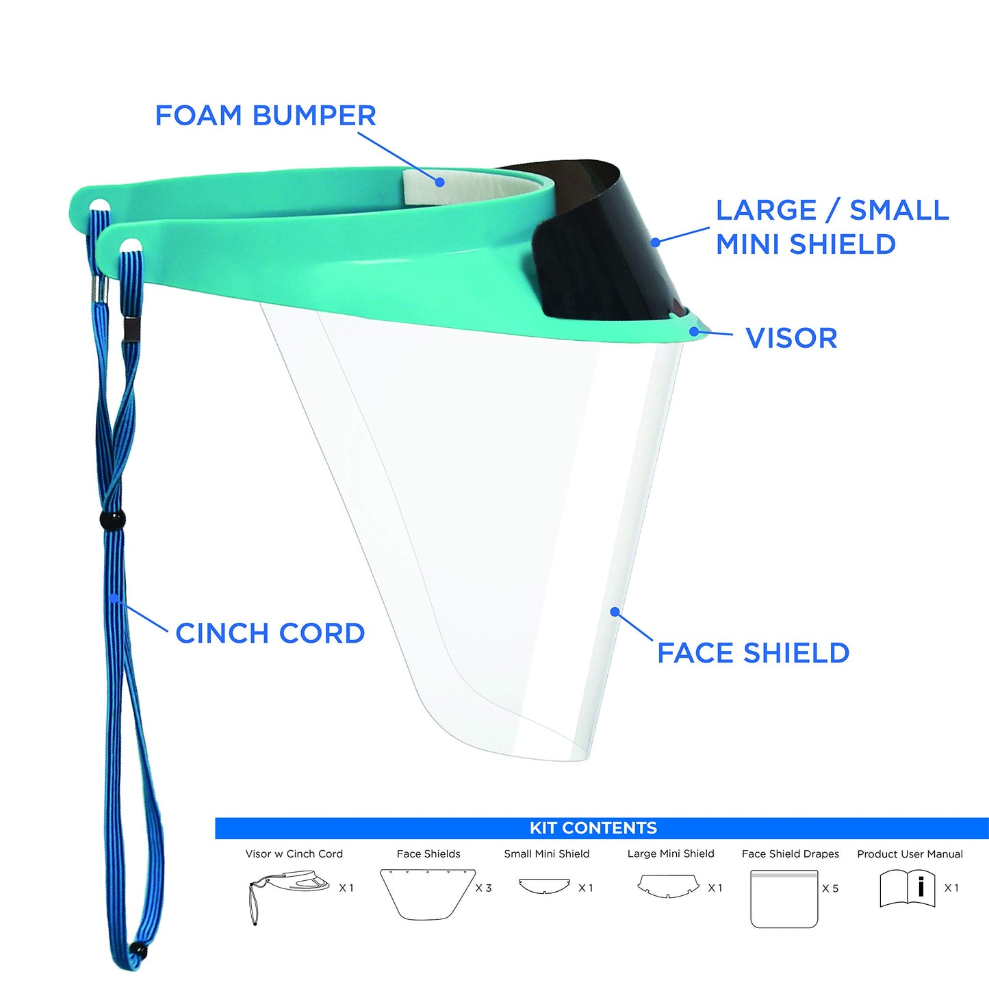 Space Blue, Pac-Dent iVisor Plus Reusable Face Shield Kit, Full Face Protective Shield with Anti-Fog Coating and Cinch Cord, Adjustable to Comfortably Fit All Head Sizes, Space Blue