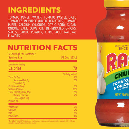 RAGÚ Chunky Tomato, Garlic and Onion Pasta Sauce, Diced Tomatoes, Delicious Garlic and Onions, and Italian Herbs and Spices, 24 oz (Pack of 6)