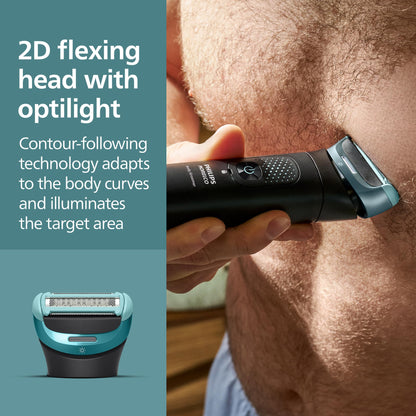 Philips Norelco Body Groomer 9000 Series, Intimate Trimmer for Bi-directional Use & Waterproof Wet Dry Body Shaver System with Foldable Back Attachment & UV Cube Cleaner, BG9485/50