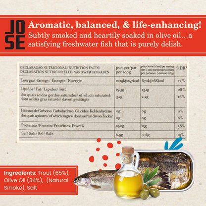 Canned Smoked Trout fillets in Extra Virgin Olive Oil by Jose Gourmet, Wild Caught Portuguese Trout, Tinned Fish in Olive Oil, High Protein Sustainable Seafood Snacks, Omega 3, Fair Trade, 90g
