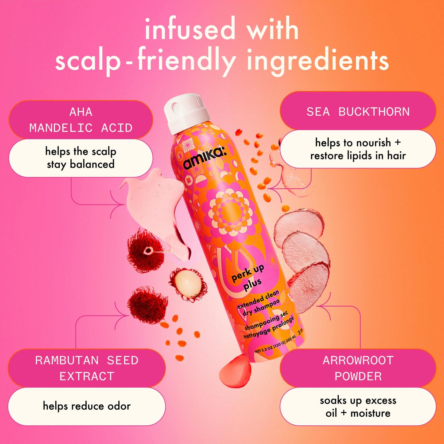 amika perk up plus extended clean dry shampoo | lightweight + buildable, extend time even further between wash days, invisible finish + no white residue, for all hair types