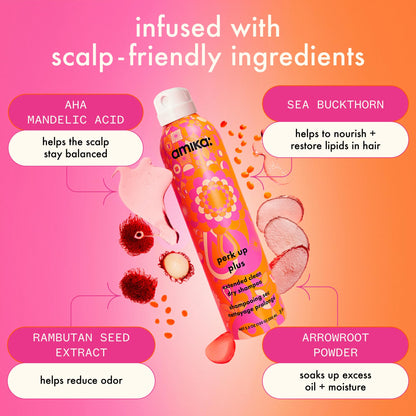 amika perk up plus extended clean dry shampoo | lightweight + buildable, extend time even further between wash days, invisible finish + no white residue, for all hair types