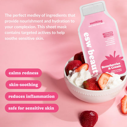 ESW Beauty Strawberries & Cream Sheet Mask - Raw Juice Hydrating Face Mask - Calming with Coconut, Vanilla Bean, Almond Milk & Strawberry for Sensitive Skin - Reduces Redness & Nourishes