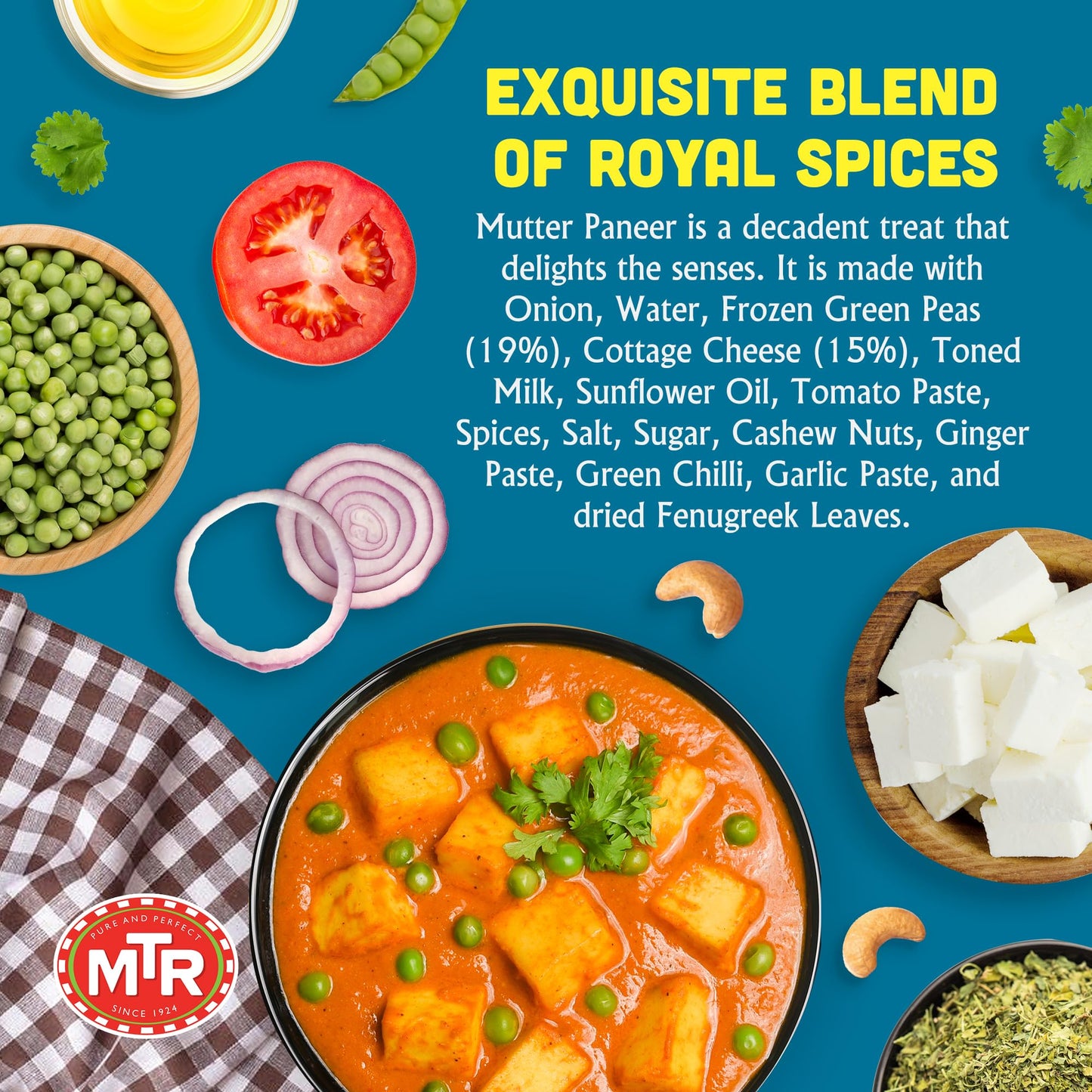 MTR - Minute Meals: Mutter Paneer - Spiced Green Peas & Cottage Cheese in Gravy - Tasty Indian Meal with No Added Preservatives - A Quick Meal Suitable for Vegetarians, Ready in Minutes! (Pack of 6)