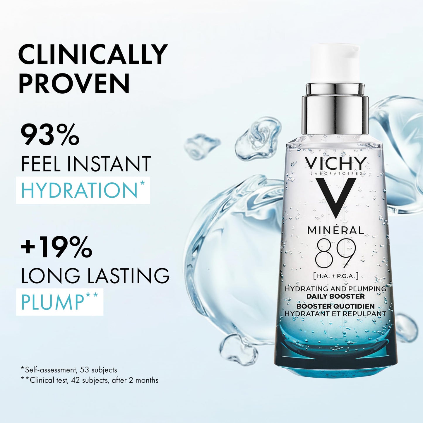 Vichy Mineral 89 Booster, Pure Hyaluronic Acid Serum for Face with Polyglutamic Acid for Skin Barrier Repair, Plumps & Hydrates, Lightweight Hydrating Serum, Oil-Free, Non-Sticky
