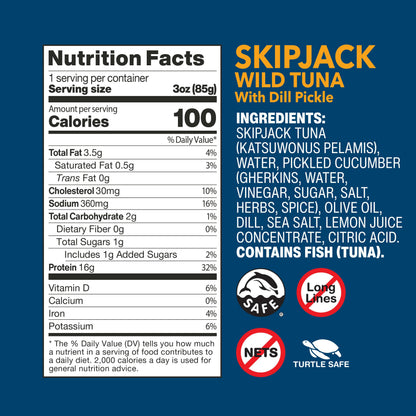 Wild Planet Wild Skipjack Tuna with Dill Pickle Tinned Fish, Canned Tuna, Sustainably Wild-Caught, 3 oz pack of 12
