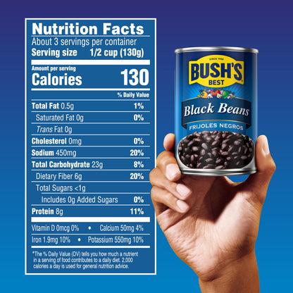 BUSH'S BEST 15 oz Canned Black Beans, Source of Plant Based Protein and Fiber, Low Fat, Gluten Free, (Pack of 12)