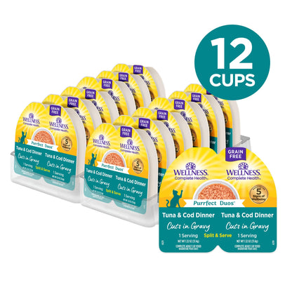 Wellness Complete Health Purrfect Duos, Cuts in Gravy, Adult Wet Cat Food, Natural, Protein-Rich, Grain-Free, 2.64 Ounce, 12 Pack, (Tuna & Cod Dinner Recipe)
