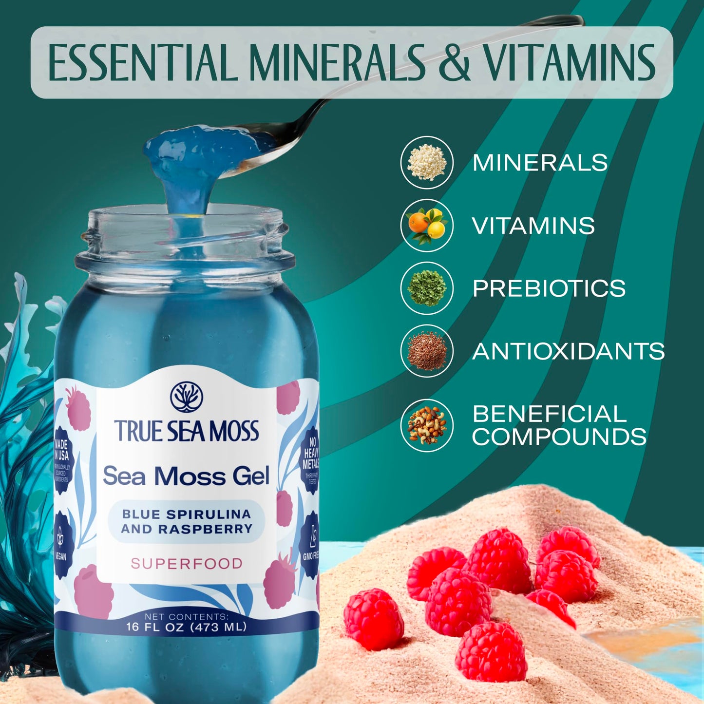 TrueSeaMoss Sea Moss Gel – Made in USA – Wildcrafted Seamoss, Fruits & Jarred Vegetables – Blue Spirulina, Pack of 1 (Labels may Vary)