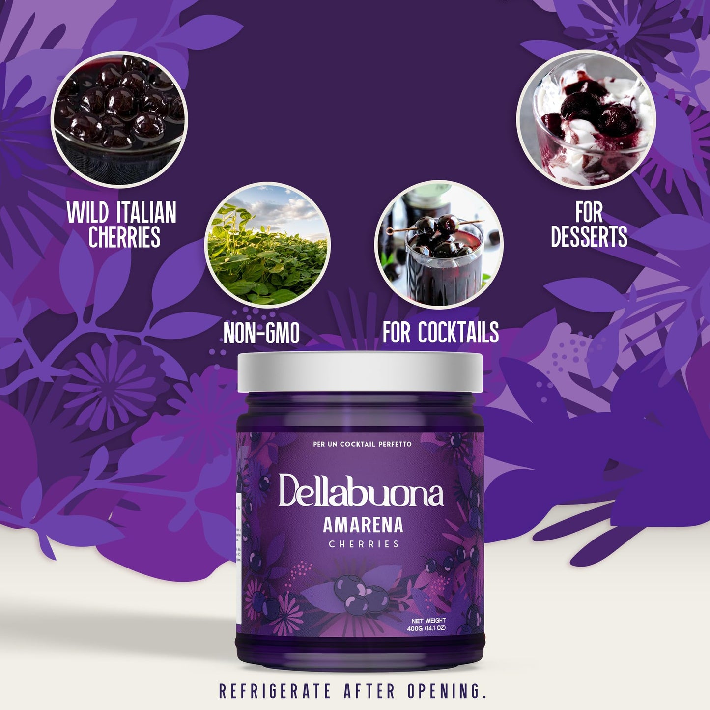 DELLABOUNA Amarena Cherries Jar Stems - Gourmet Italian Wild Cherry for Premium Cocktails Manhattans, Old Fashioned and Desserts. Rich Syrup. 400g Glass Jar (Pack of 1)