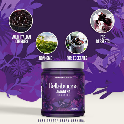 DELLABOUNA Amarena Cherries Jar Stems - Gourmet Italian Wild Cherry for Premium Cocktails Manhattans, Old Fashioned and Desserts. Rich Syrup. 400g Glass Jar (Pack of 1)