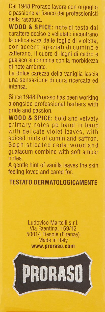 Proraso Wood and Spice Cologne - Masculine Woody Spice Eau de Cologne - Cumin, Saffron, Cedarwood & Vanilla Fragrance for Men - 3.4oz
