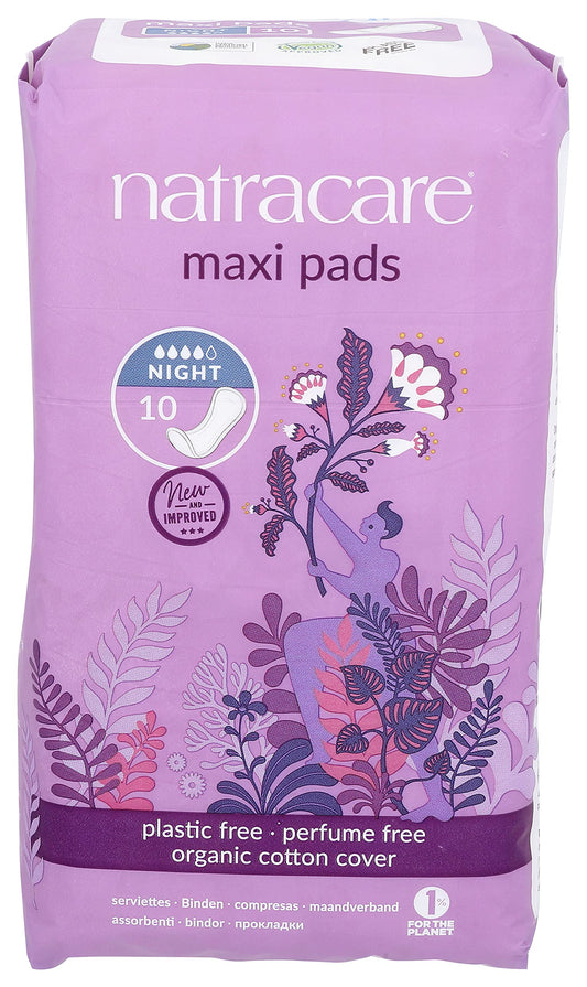 Natracare Natural Traditional Style Night Time Maxi Pads, Individually Wrapped, Without Wings in Plant-Based Bag (1 Pack, 10 Pads Total)