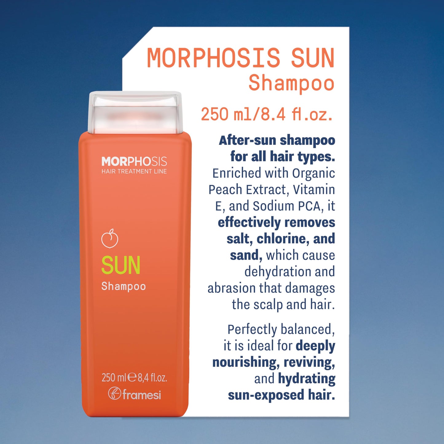 FRAMESI Morphosis SUN Shampoo, Gently Removes Chlorine and Residues of Salt and Sand, Deeply Cleanses and Hydrates Hair and Scalp, Natural Ingredients, Color Safe
