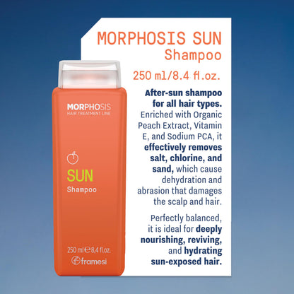 FRAMESI Morphosis SUN Shampoo, Gently Removes Chlorine and Residues of Salt and Sand, Deeply Cleanses and Hydrates Hair and Scalp, Natural Ingredients, Color Safe