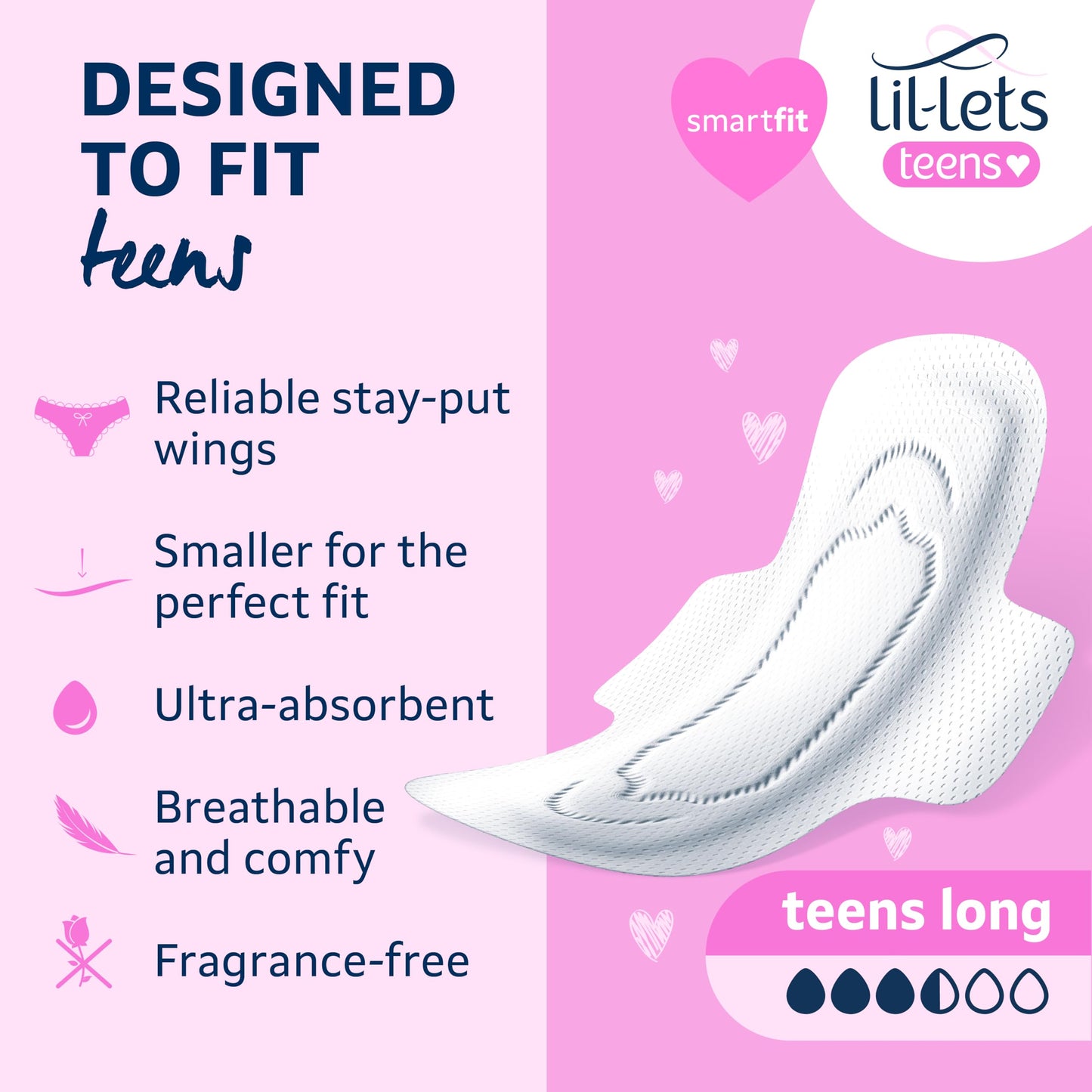 Lil-Lets Teens Long Pads with Wings - 60 Count Period Pads for Teens - Thin, Super Absorbent Sanitary Napkins, Soft & Breathable, Fragrance-Free - First Periods, Medium to Heavy Days