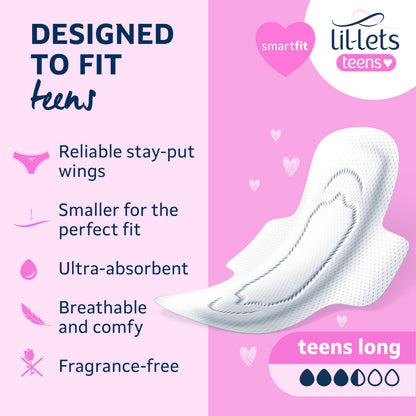 Lil-Lets Teens Long Pads with Wings - 60 Count Period Pads for Teens - Thin, Super Absorbent Sanitary Napkins, Soft & Breathable, Fragrance-Free - First Periods, Medium to Heavy Days