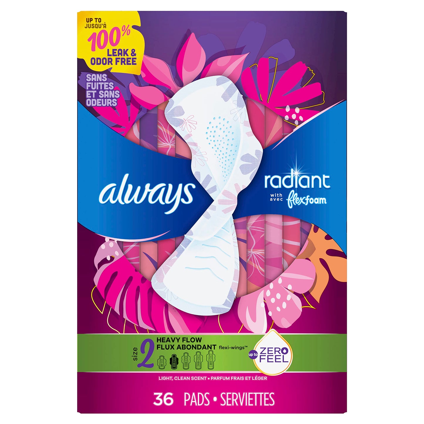 Always Radiant Feminine Pads for Women, Flexfoam Pads with Wings, Size 2, Heavy Absorbency, Lightly Scented, 36 Count