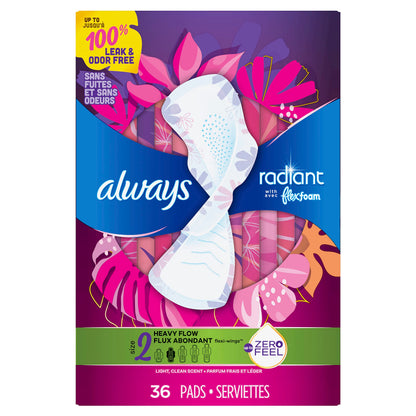 Always Radiant Feminine Pads for Women, Flexfoam Pads with Wings, Size 2, Heavy Absorbency, Lightly Scented, 36 Count