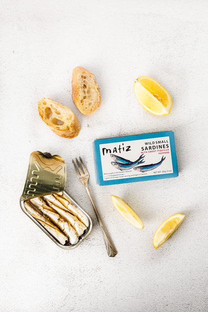 Matiz Sardinillas with Piquillo Peppers | Baby Sardines 3 Ounce | Product of Spain | Wild Caught |