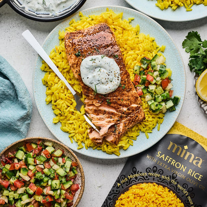 Mina Saffron Rice, Yellow Rice, With Extra Virgin Olive Oil, Ready to Eat Rice Pilaf, Side Dishes, Microwave Rice, Vegan Protein, Non-GMO, Gluten-Free, Kosher, 8 oz (Pack of 6)