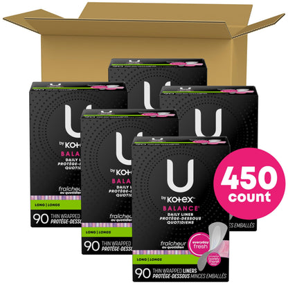 U by Kotex Balance Daily Wrapped Panty Liners, Light Absorbency, Long, 450 Count (5 Packs of 90) (Packaging May Vary)