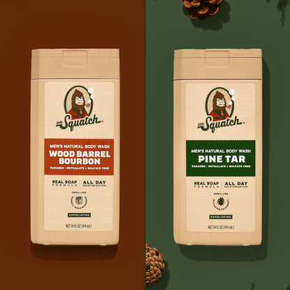 Dr. Squatch Natural Men's Body Wash Shower Gel - Cleansing, Nourishing, Long Lasting Scent, Moisturizing Body Wash for Men - Pine Tar + Wood Barrel Bourbon (14 oz, 2-Pack)