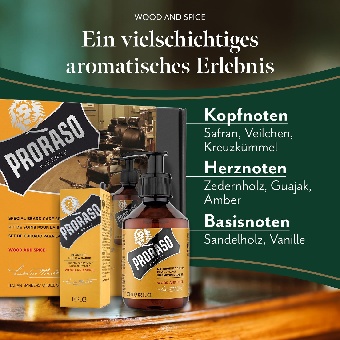Proraso Wood and Spice Beard Care Duo Kit - Beard Wash and Oil with Warm, Woodsy Scent for Long or Full Beards - Premium Italian Gift Set for Men