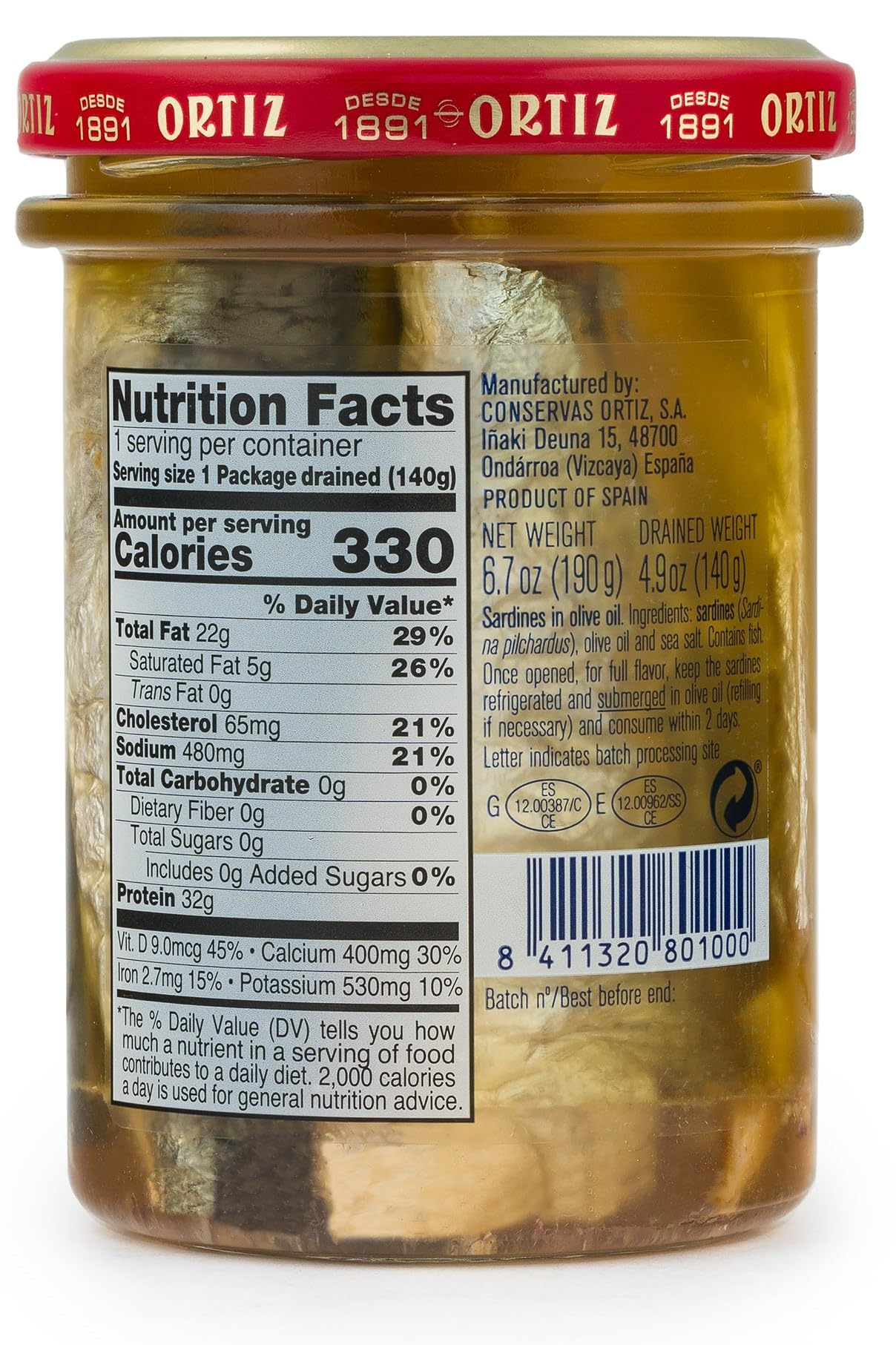 Ortiz Sardines A la Antiqua 'Old Style', Moist and Tender, Wild Caught in Spain and Hand-Packed in Premium Extra Virgin Olive Oil, Enjoy in Salads, Sandwiches and on Toast, 6.7oz Jar (Pack of 1)
