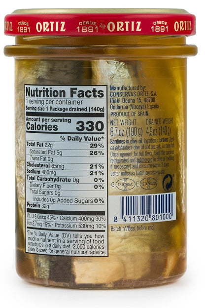 Ortiz Sardines A la Antiqua 'Old Style', Moist and Tender, Wild Caught in Spain and Hand-Packed in Premium Extra Virgin Olive Oil, Enjoy in Salads, Sandwiches and on Toast, 6.7oz Jar (Pack of 1)