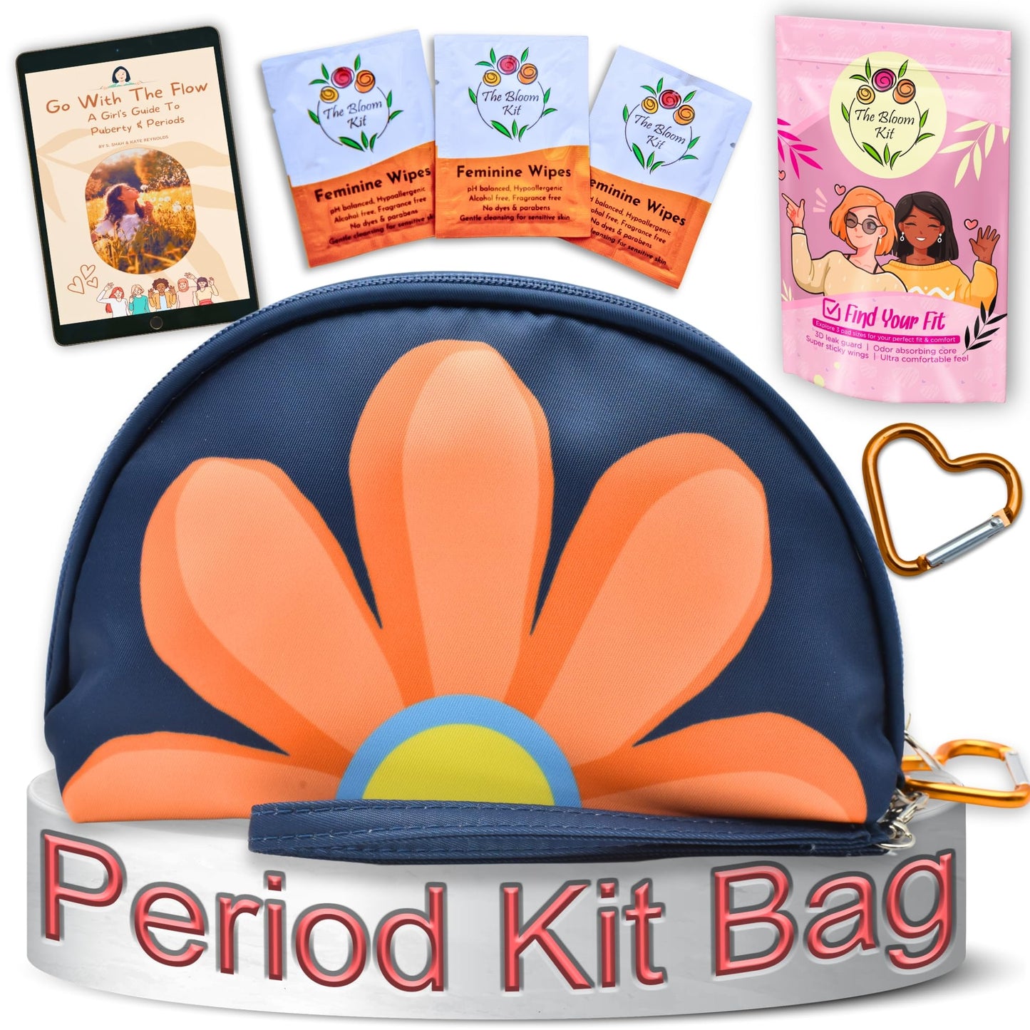 The Bloom First Period Kit for Girls 9-12 – 32 PC Tween Starter Kit with Cute Sanitary Napkin Storage Bag – Portable Waterproof Emergency Pad Pouch (Pink & Blue)