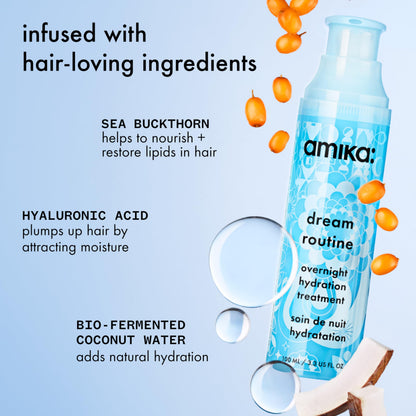 amika dream routine overnight hydrating hair mask | no rinse leave-in treatment for dry hair, ultra-hydrating, with hyaluronic acid for long-lasting moisture