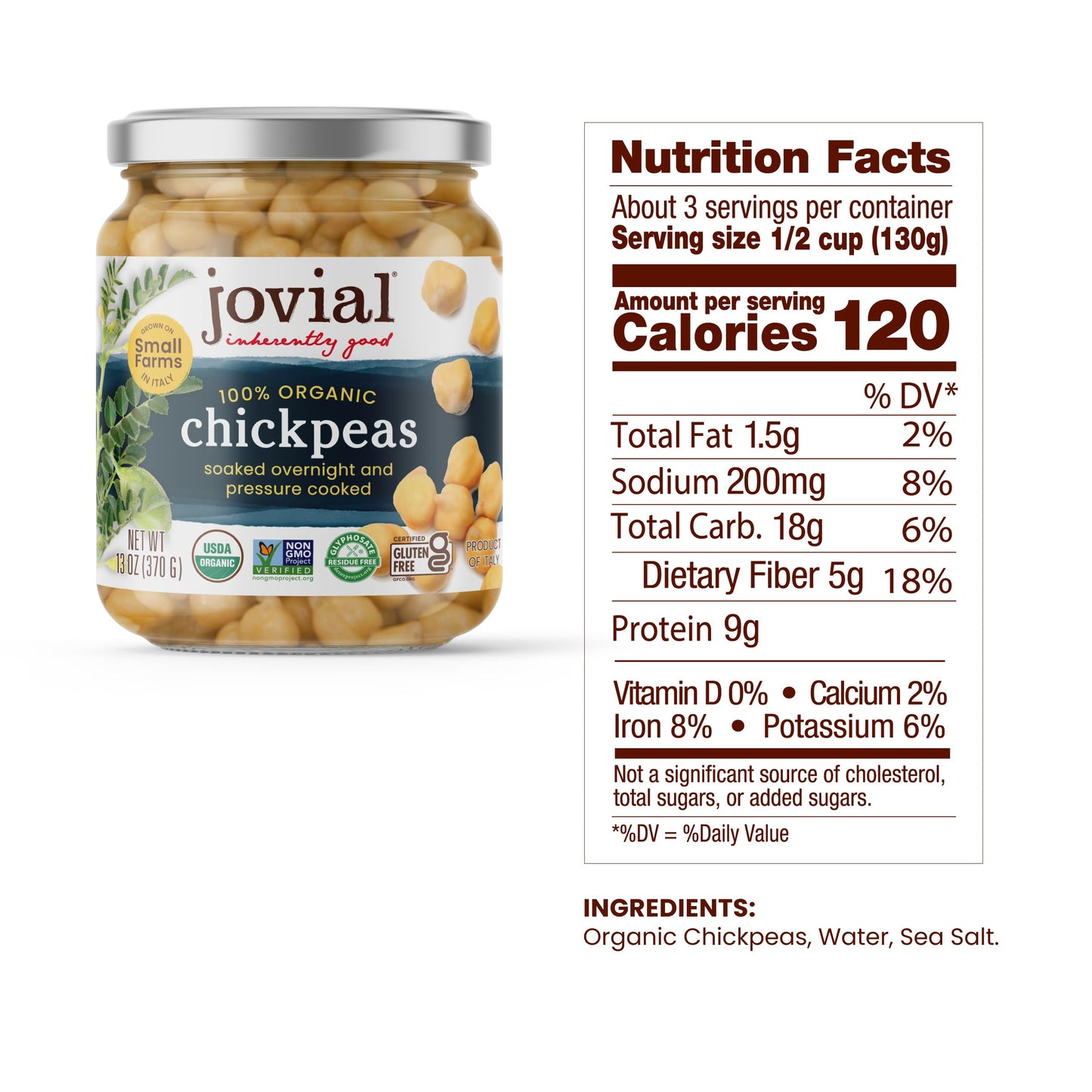 Jovial 100% Organic Chickpeas - Chickpeas, Organic Chickpeas, No Saturated Fat, Gluten Free, Recyclable Glass, Great Source of Fiber, No Additives or Preservatives, Product of Italy - 13 Oz