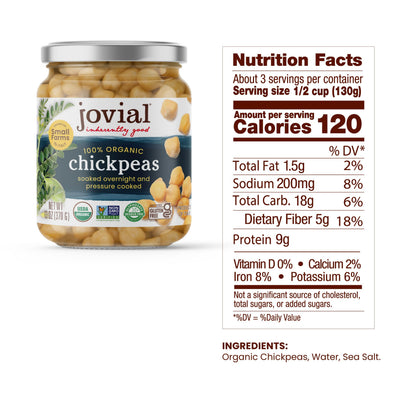 Jovial 100% Organic Chickpeas - Chickpeas, Organic Chickpeas, No Saturated Fat, Gluten Free, Recyclable Glass, Great Source of Fiber, No Additives or Preservatives, Product of Italy - 13 Oz