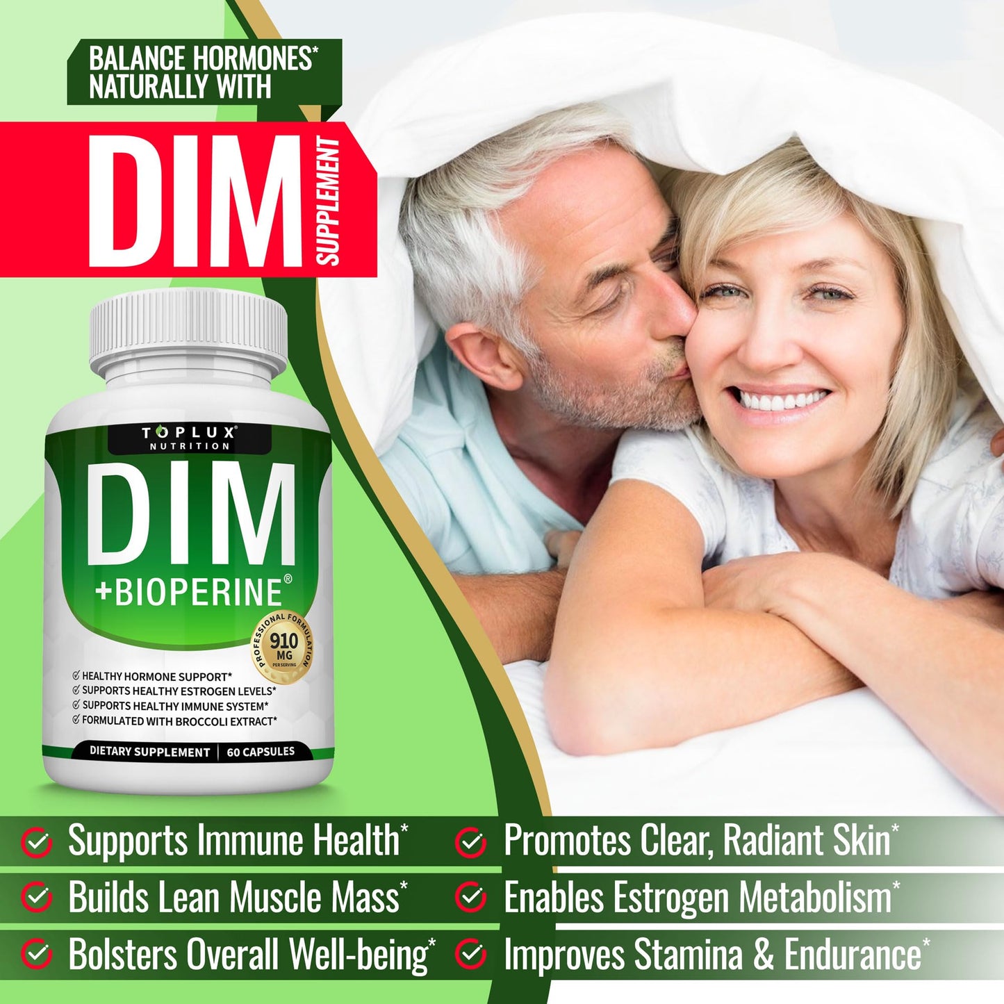 Dim Supplement 910 mg Plus BioPerine Complex - Diindolylmethane to Support Hormone Balance and Estrogen Metabolism, Helps with Menopause Acne PCOS Better Skin Bodybuilding, for Men Women, 60 Capsules