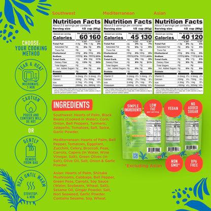 Natural Heaven Hearts of Palm Prepared Meals, Variety 6-Pack – Asian, Southwest & Mediterranean Ready Rice, New Delicious Recipes, Vegan Food, 9 Oz Pouches