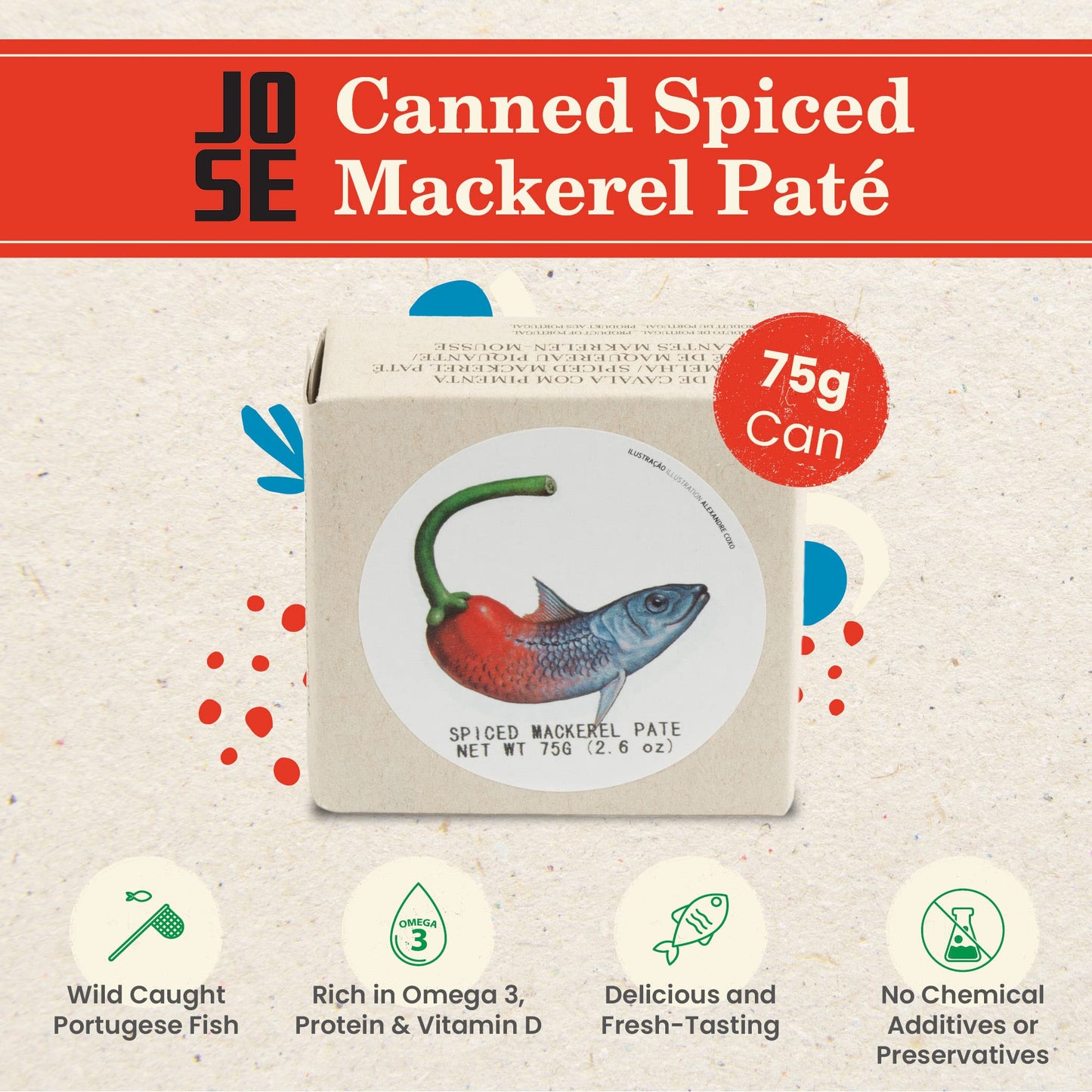 Canned Spiced Mackerel Paté by Jose Gourmet, Wild Caught Portuguese Mackerel, Canned Fish Paté, Omega 3, Fair Trade, 75g Can, Pack of 3
