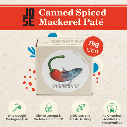 Canned Spiced Mackerel Paté by Jose Gourmet, Wild Caught Portuguese Mackerel, Canned Fish Paté, Omega 3, Fair Trade, 75g Can, Pack of 3