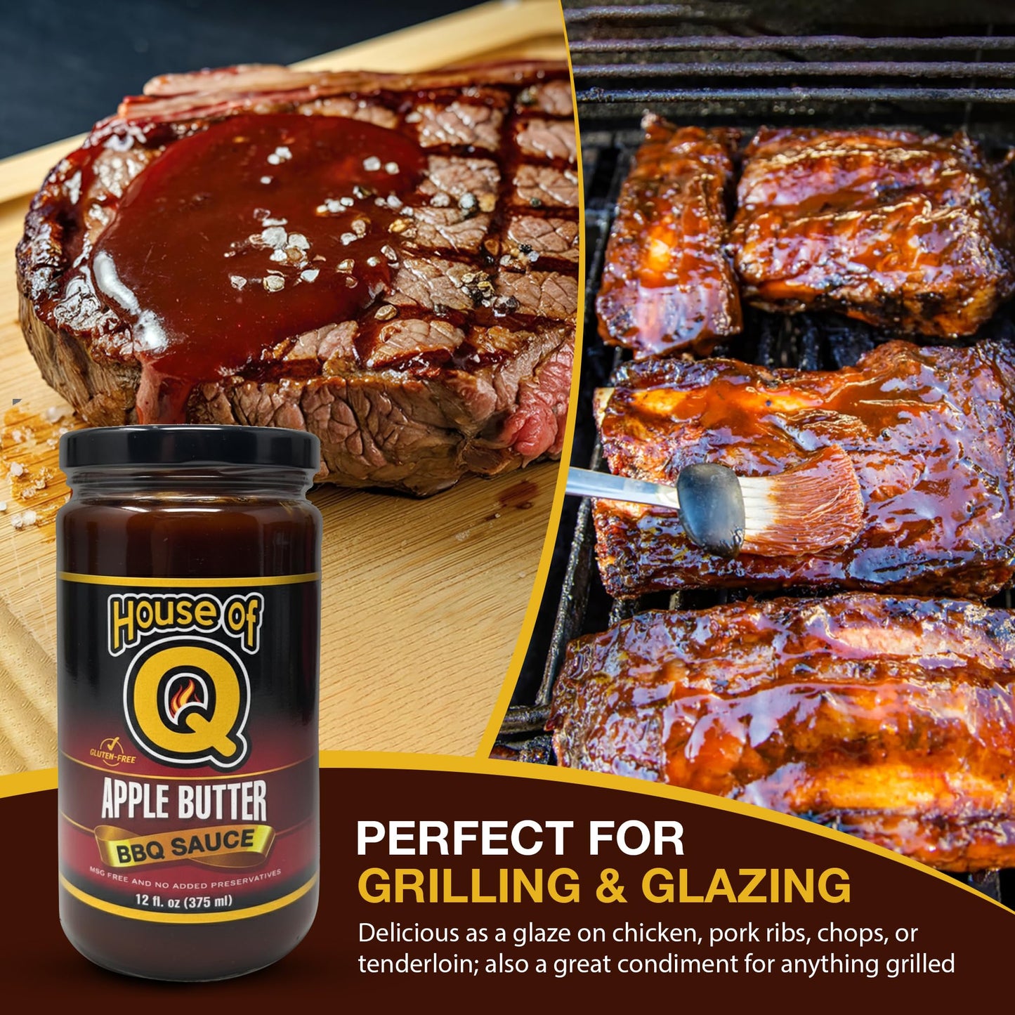 House of Q Apple Butter BBQ Sauce – Sweet & Smoky Apple Barbecue Sauce with Cinnamon, Molasses & Spices – Thick Gourmet Glaze for Chicken, Pork & Burgers – Gluten Free, MSG Free, Preservative Free – 12 oz Jar