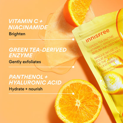 innisfree Green Tea Enzyme Vitamin C Brightening Serum-Infused Mask, 5 Pack Sheet Masks for Brightening & Glow, Ideal for Dry, Oily, & All Skin Types