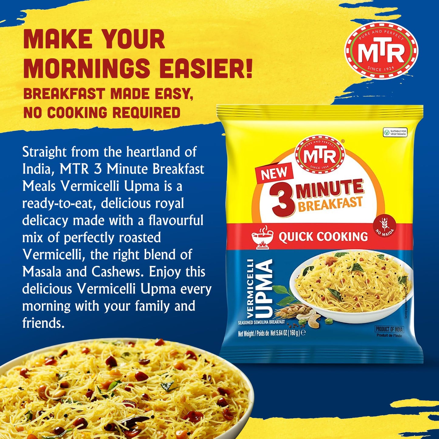 MTR 3minute Seviyan Vermicelli Upma - Ready-to-Cook Mix - Authentic Indian Food in Just 3 Minutes - 100% Vegetarian - No Added Preservatives - Just Add Hot Water - Quick & Easy (Seviyan Vermicelli Upma - 160g, Pack of 6)