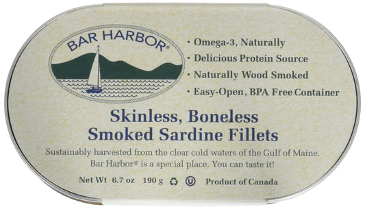 Bar Harbor Skinless & Boneless Smoked Sardine Fillets, 6.7 oz (190g) | Naturally Wood Smoked | Excellent Source of Protein | EZ-Open BPA-NI Can | Product of Latvia