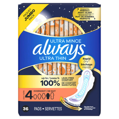 Always Ultra Thin Feminine Pads with Wings for Women, Size 4, Overnight Absorbency, Unscented, Up to 100% Leak-Free Comfort, 36 Count