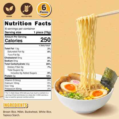 Gluten Free Ramen Noodles Multigrain (6 packs) Millet And Brown Rice Ramen Noodles Plain, Low Sodium, Vegan, Healthy Buckwheat Noodles No Seasoning