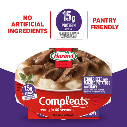 HORMEL COMPLEATS Tender Beef With Mashed Potatoes & Gravy Microwave Tray, 9 oz. (6 Pack)