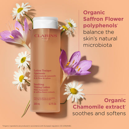 Clarins Soothing Toning Lotion | Soft, Soothed and Comforted Skin After 14 Days* | Cleanses, Tones, Hydrates, Soothes and Balances Skin's Microbiota | Alcohol-Free | Camomile Extract