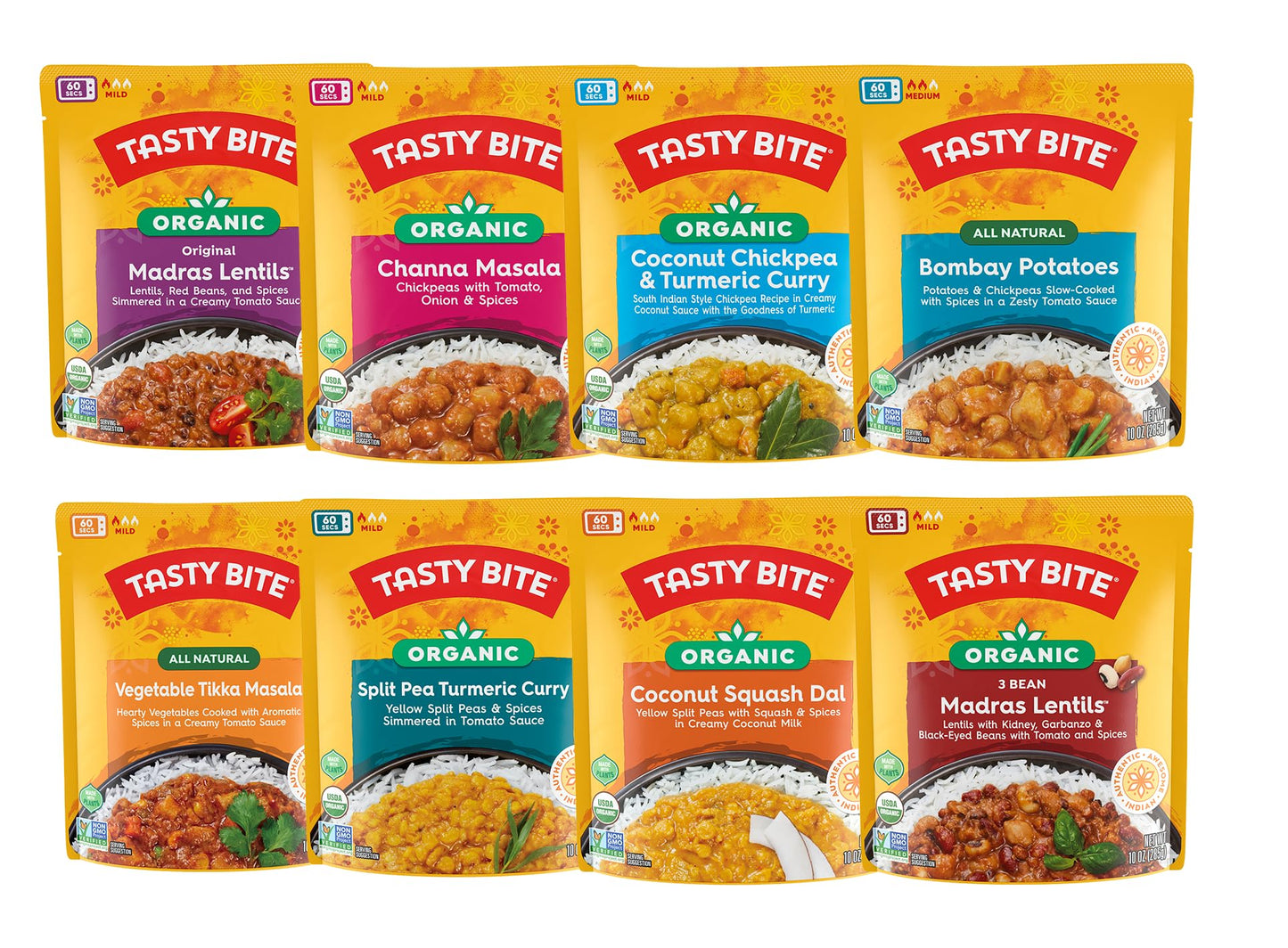 Tasty Bite Variety, Pack of 8, Madras Lentils, Bombay Potatoes, Vegetable Tikka Masala, Channa Masala, 3Bean Madras Lentils, Split Pea & Turmeric Curry, Coconut Squash Dal, Chickpea Coconut and Turmeric Curry
