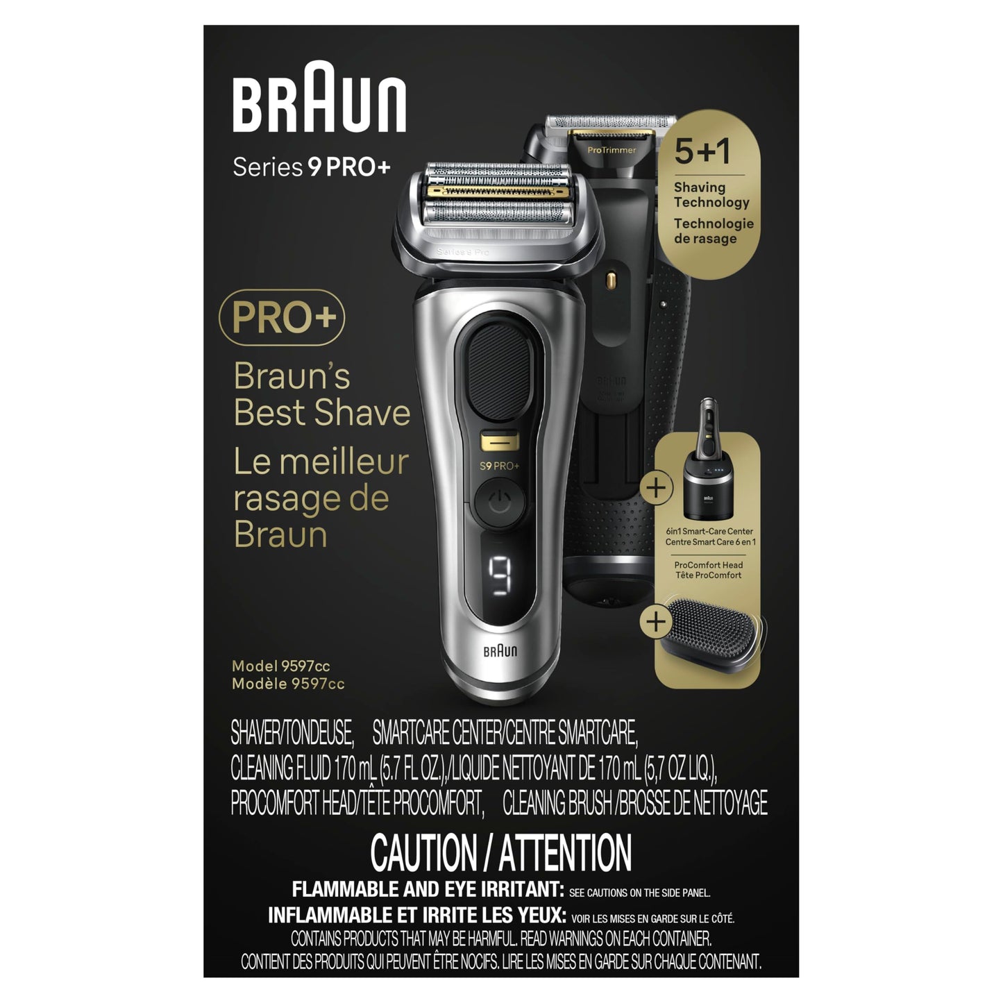 Braun Series 9 PRO+ Electric Razor for Men, 5 Pro Shaving Elements and Shave-Preparing ProComfort Head for Closeness & Skin Comfort, 6in1 SmartCare Center, Wet or Dry Shaver, Charging Stand, 9597cc