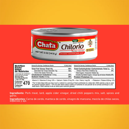 Chata Mexican Pork Chilorio, Seasoned Shredded Pork, 5 oz Can (Pack of 6)
